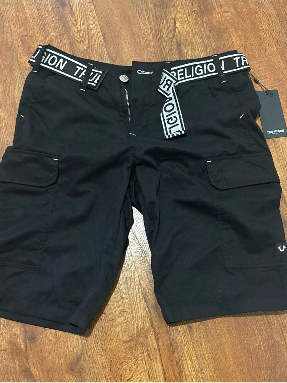 True Religion Black Cargo Shorts with Branded Waistband